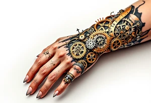 A steampunk-inspired hand tattoo in bronze, copper, and rust tones with exposed gears and clockwork intricacies. tattoo idea