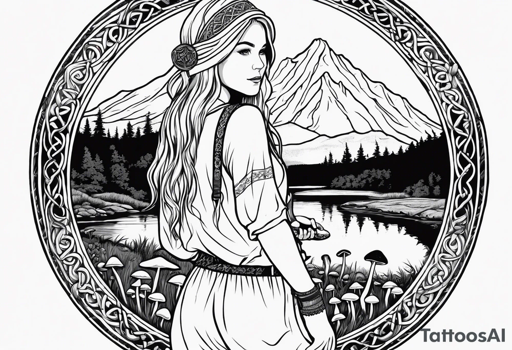 Whole picture encircled fully

Straight long blonde hair hippie girl in distance holding mushrooms in hand facing away toward mountains and creek surrounded by mushrooms long sleeve shirt and hiking pants; whole rendering within a full celtic circle border, no cut off circle tattoo idea