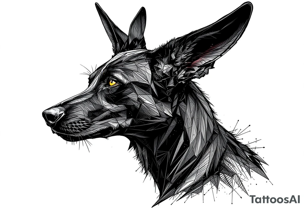 a creature that looks strongly like a black Labrador and a black German Shepard , resembling Anubis, with the tall pointy ears of a jackal, the top of one ear floppy , looking back, serious and daring tattoo idea