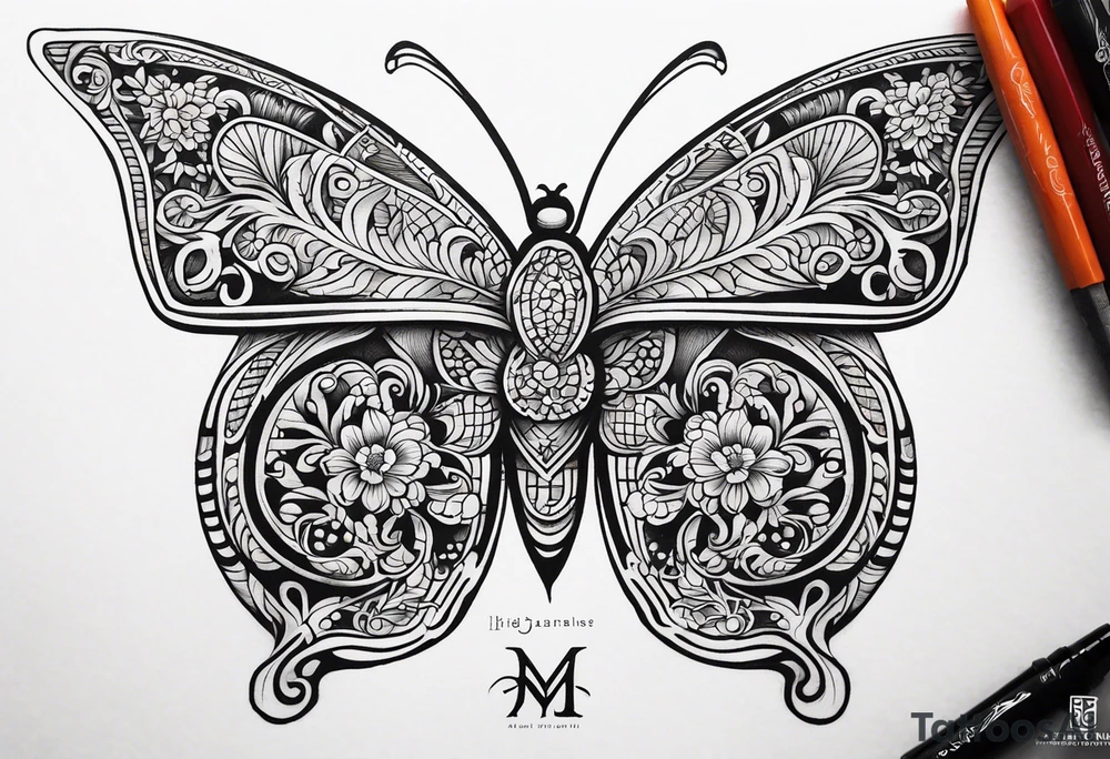 Create a Fine Line tattoo made out of three letter M’s and very pretty maybe a butterfly tattoo idea