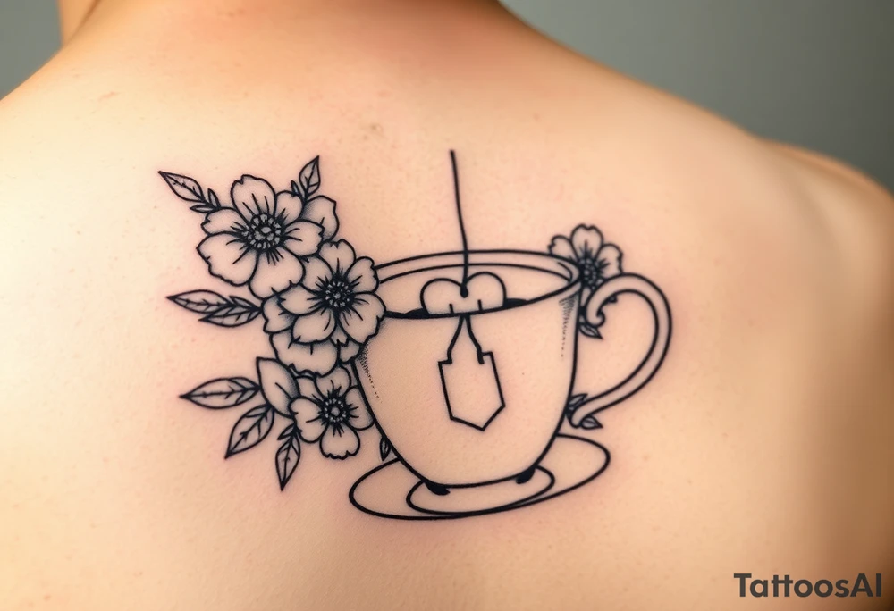 Cup of tea simple vintage small flowers love heart with a tea bag hanging out of the cup tattoo idea
