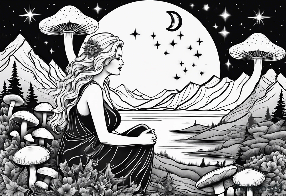 Older blonde fat woman no makeup surrounded by mushrooms mountains crescent moon background tattoo idea