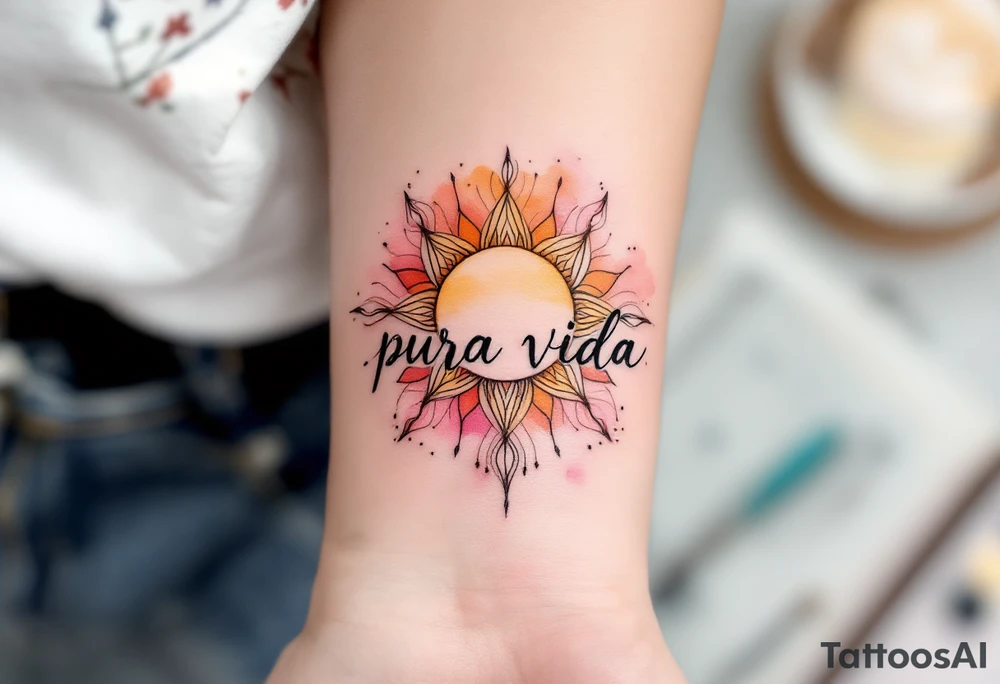 Boho-style “Pura Vida” with a mandala sun in ochre, terracotta, and soft pink behind it. tattoo idea