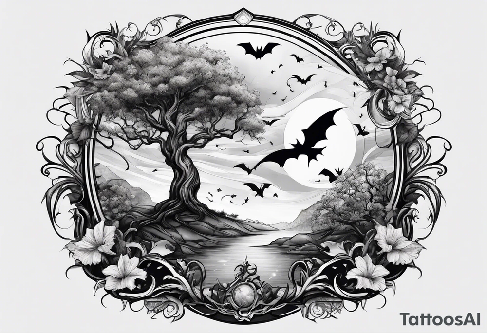 poison tree with wind and bats tattoo idea