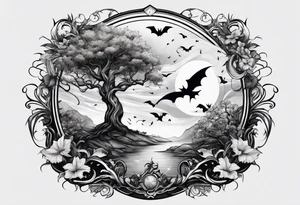 poison tree with wind and bats tattoo idea