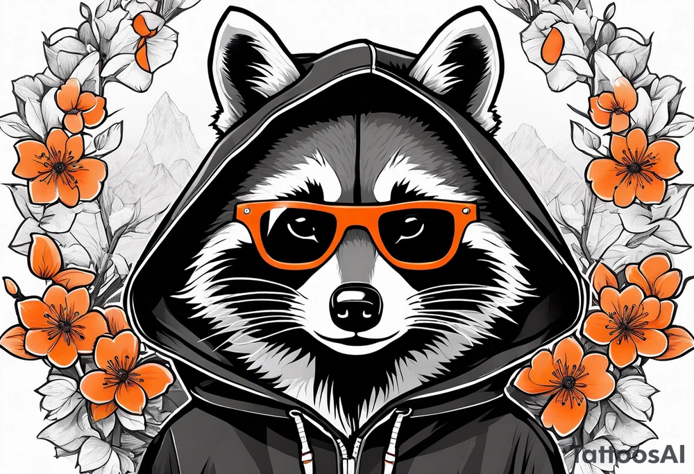 Raccoon wearing a white Superman logo on a black hoodie and orange Japanese cherry blossoms tattoo idea