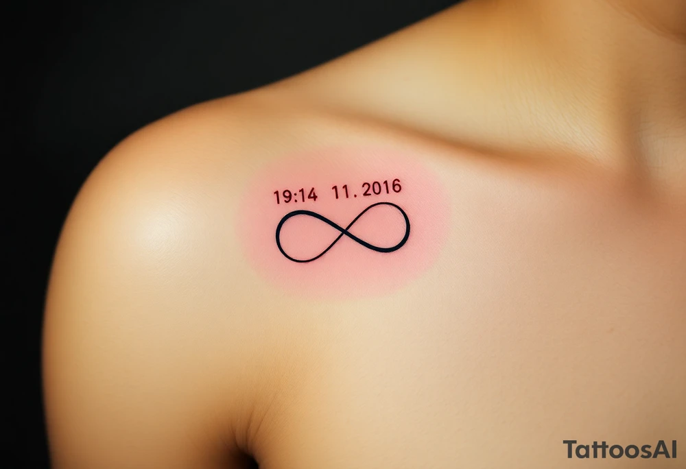 Quero uma tatuagem minimalista para o antebraço, com um design simbólico e discreto. O desenho deve começar com a data de nascimento do meu avô escrita em vermelho, seguida por um símbolo de infinito em branco, destacado com uma leve sombra ao redor. O infinito deve estender-se numa linha reta contínua, representando um infinito sem fim. A tatuagem deve ser delicada, elegante e proporcional, ocupando pouco espaço no antebraço tattoo idea