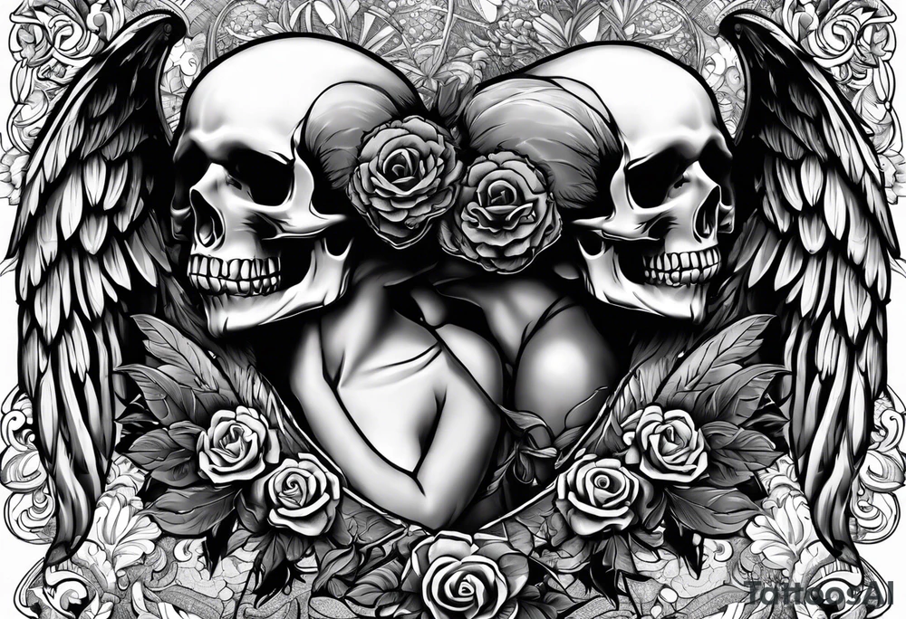 See no evil hear no evil speak no evil skulls go down the back with angel wings wrapped around the skulls tattoo idea