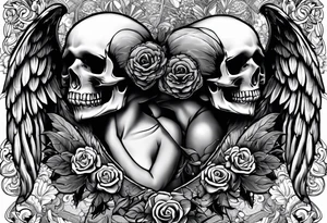 See no evil hear no evil speak no evil  skulls go down the back with angel wings wrapped around the skulls tattoo idea