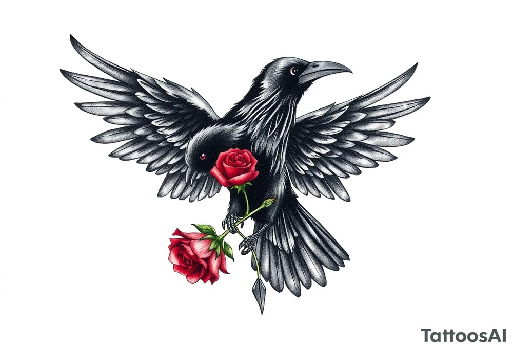 A black crow soaring symmetrically gracefully with its wings fully extended, each feather intricately detailed to capture a sense of movement and depth. In its talons, it gently carries a vibrant red rose, its petals vivid and delicate. The composition blends realism with deep symbolism, representing strength, transformation, and the enduring connection between life, resilience, and the unseen forces that guide and protect. The concept is on a crisp white background. tattoo idea
