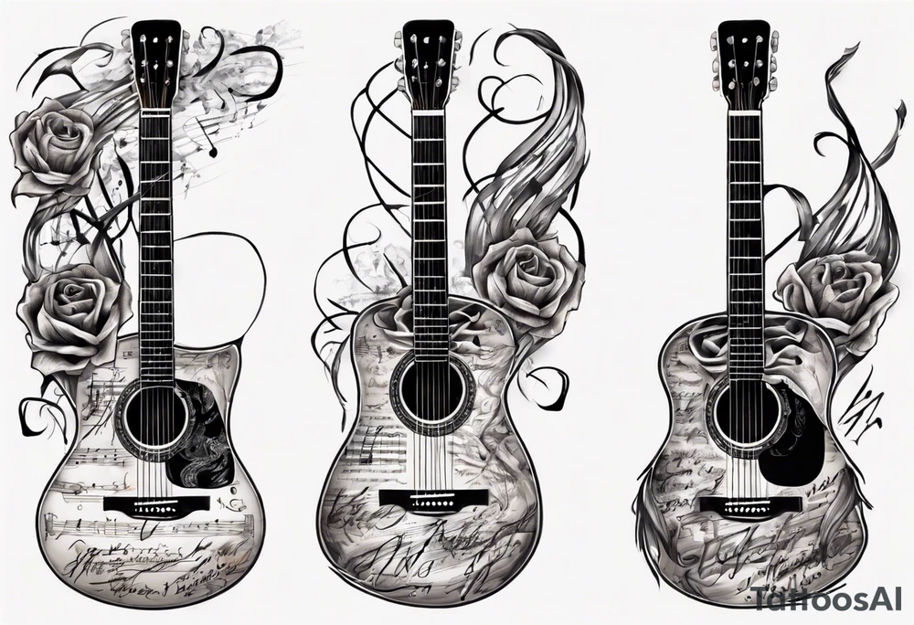 Acoustic Guitar neck with strings made of signatures emerging from skin tattoo idea