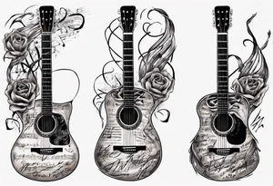 Acoustic Guitar neck with strings made of signatures emerging from skin tattoo idea