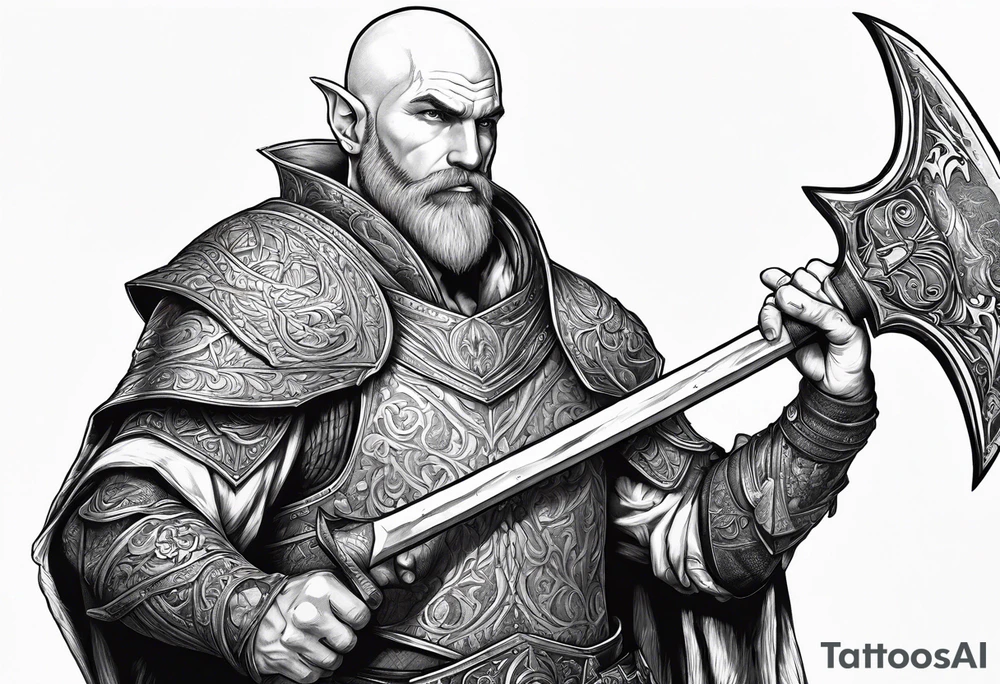a full-body picture of a 30-year-old, human elf, bearded bald male, paladin, holding a battle axe, tattoo idea