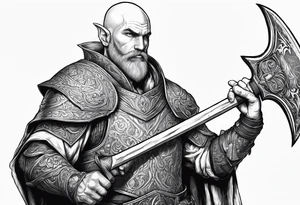 a full-body picture of a 30-year-old, human elf, bearded bald male, paladin, holding a battle axe, tattoo idea