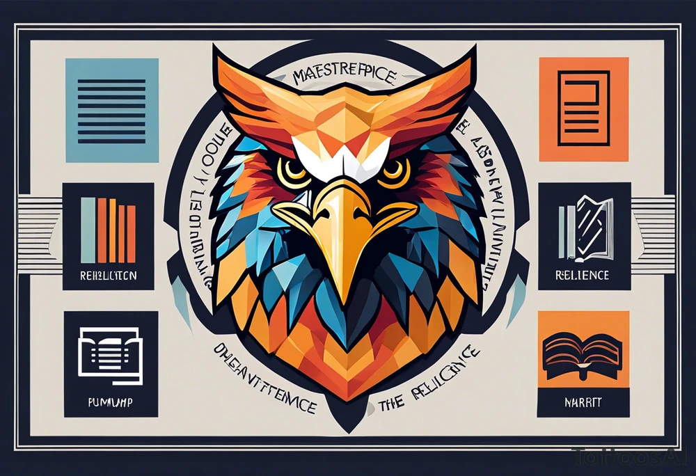 Words: Courage, determination, patience, focus, resilience. Image: Geometric eagle face, bull and bear faces divided by the financial market dump and pump. Graphics, symbols of intelligence interconnected with books and studies that represent the search for knowledge as a person guided by humanity and human philosophy. Image for the right arm and right forearm. Use geometric shapes and lines to connect images. all imagens unity tattoo idea