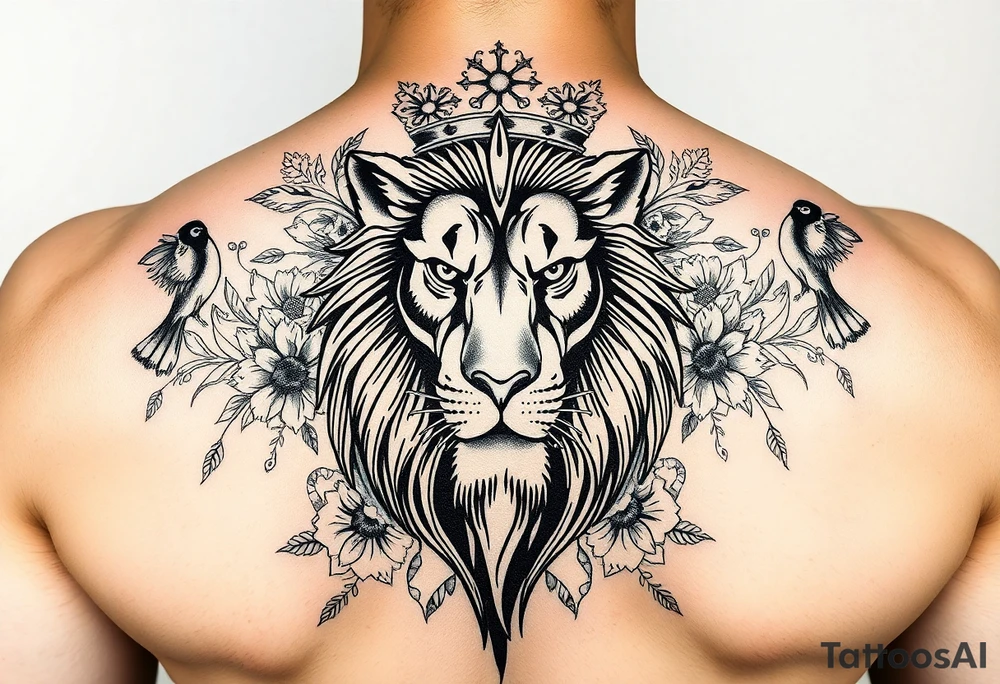 powerful majestic lion with a crown, surrounded by floral ornaments and birds tattoo idea