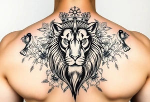 powerful majestic lion with a crown, surrounded by floral ornaments and birds tattoo idea