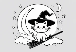 a chibi cat with a witch hat sitting on a broom. On the background there are clouds and a crescent moon. Minimalist black and white line art. tattoo idea