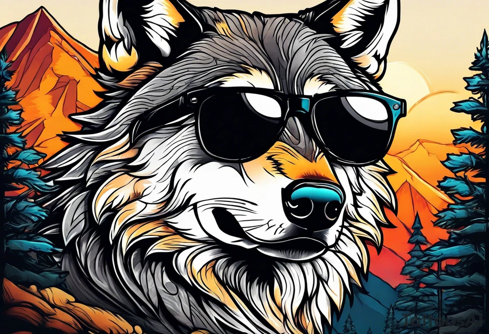 Badass wolf wearing sunglasses
Dark woods
Mountain peaks
Sunset tattoo idea