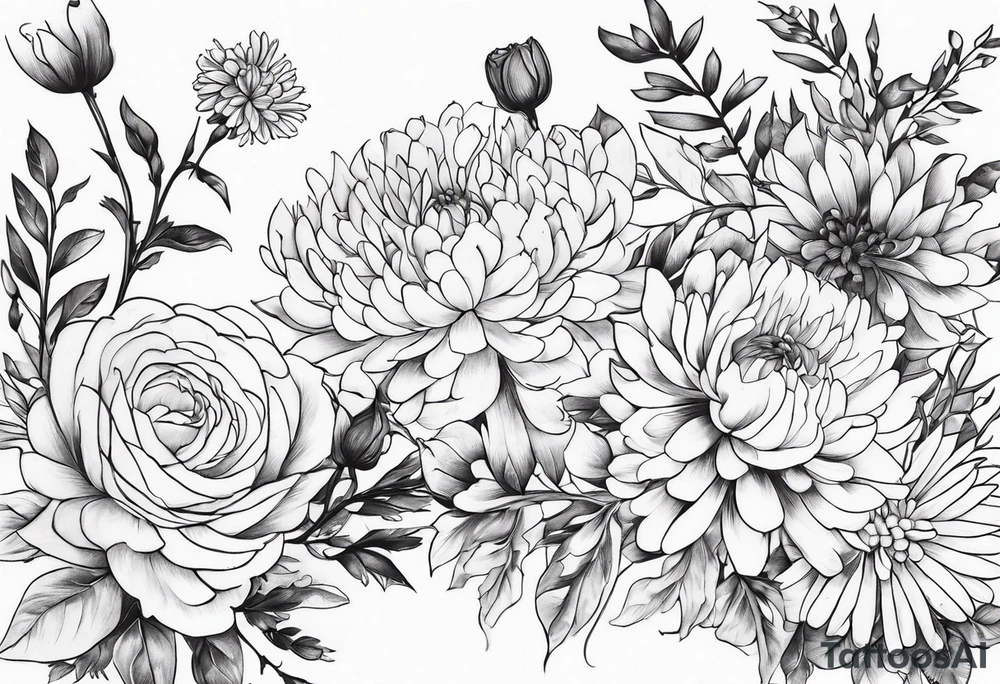 Asters, roses, hawthorns, and chrysanthemums in a long line tattoo idea