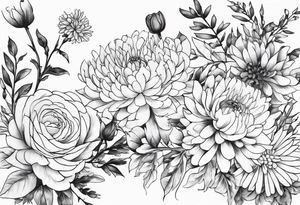 Asters, roses, hawthorns, and chrysanthemums in a long line tattoo idea