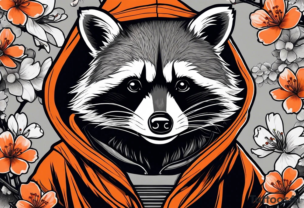Raccoon wearing a white Superman logo on a black hoodie and orange Japanese cherry blossoms beside tattoo idea