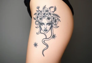 Big headed Medusa flowers snakes tattoo idea