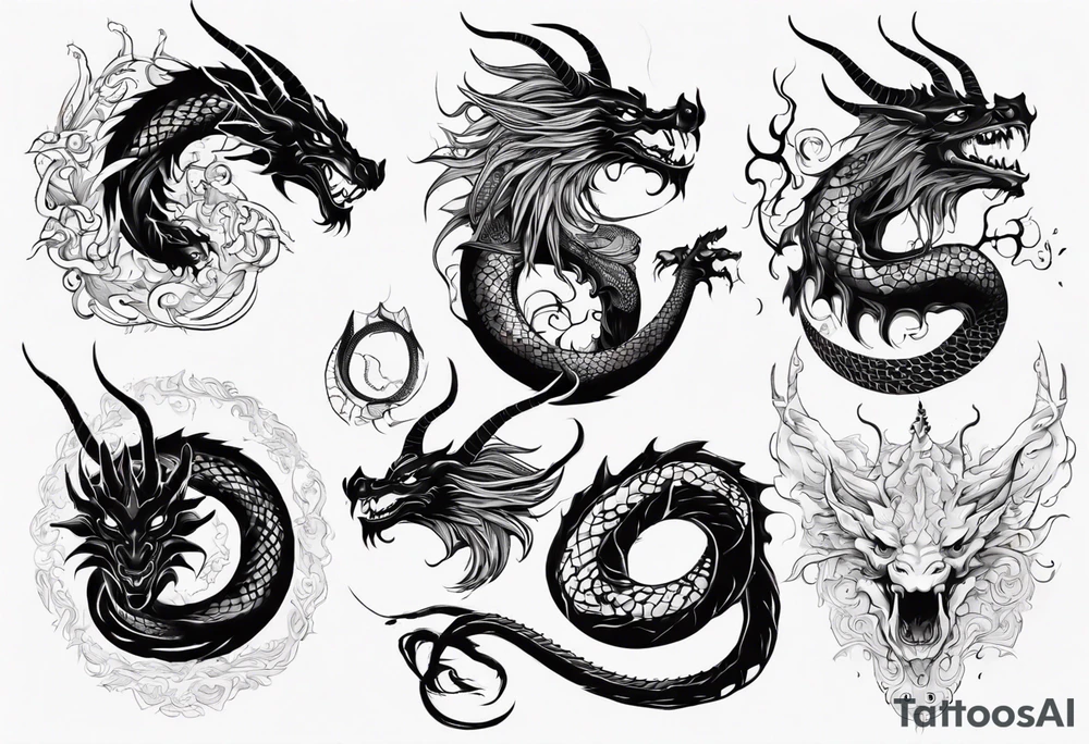 long dragon with horns, mane, scales all over the body tattoo idea
