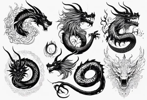 long dragon with horns, mane, scales all over the body tattoo idea