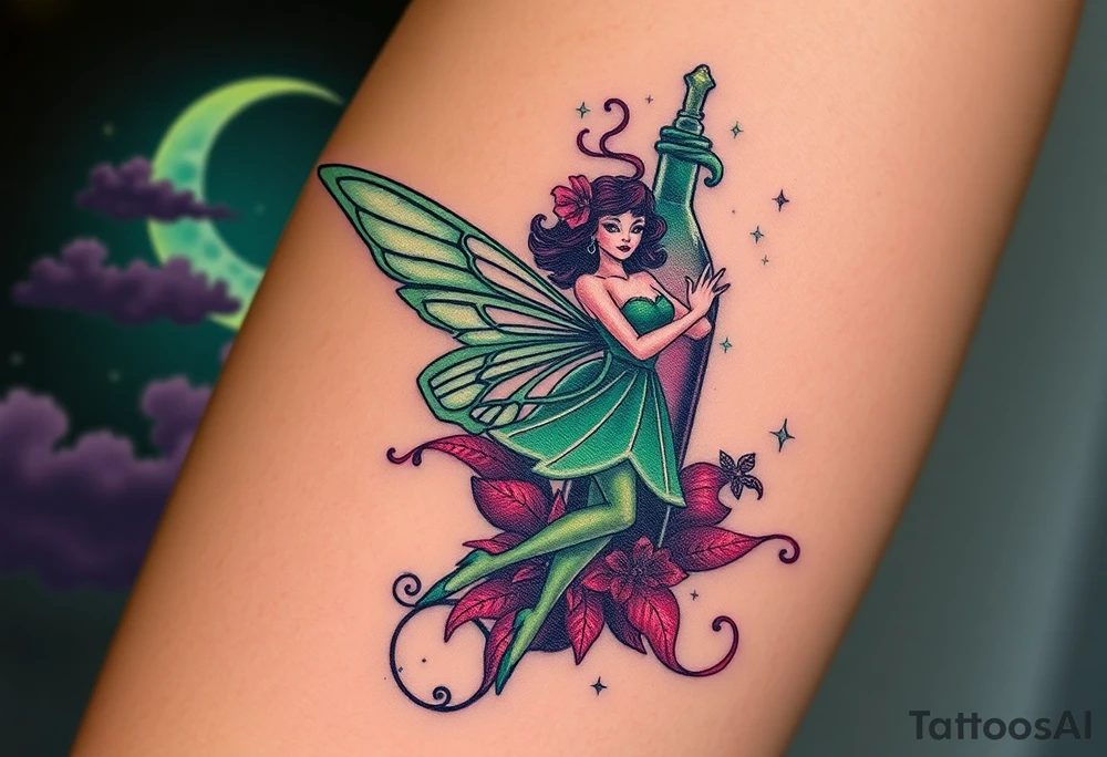 Tim Burton’s kelly doty pin up style Vintage Parisian elegant and hauntingly beautiful yet eerie full body absinthe Green Fairy dances outside her victorian crystal decatur she was once inside this elaborate ornate bottle absinthe bottle Absinthe Art Nouveau   and dripping with muted reds, dusty pinks, and eerie green glow.purple and cyan smokey clouds swirl in the crescent moonlit sky thats sprinkled with stars tattoo idea