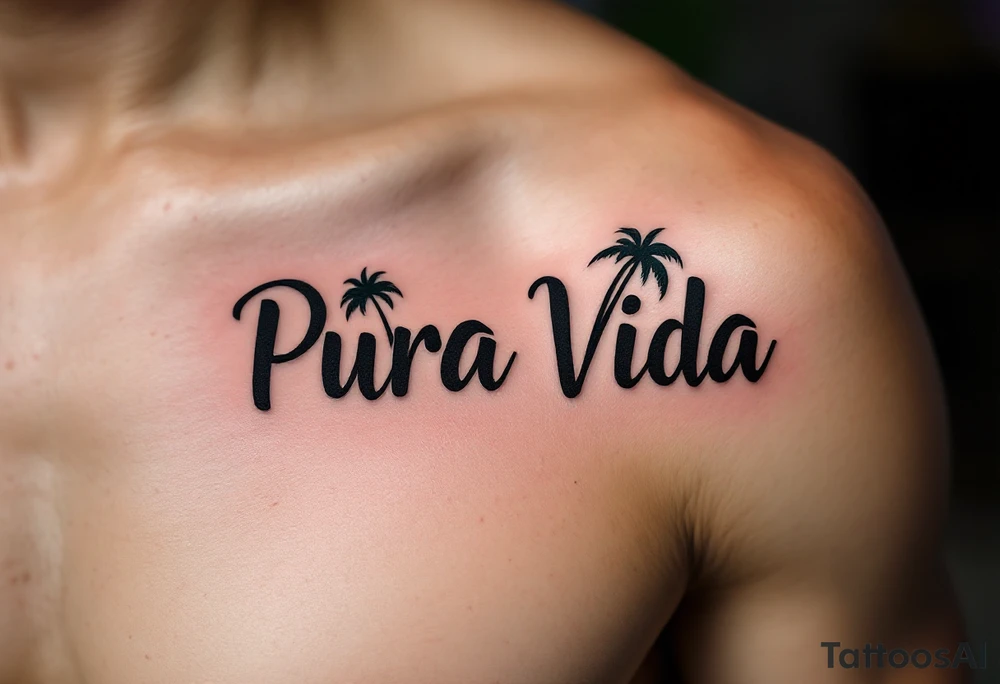Bold serif “Pura Vida” in dark brown ink with palm tree silhouettes in deep green and sandy beige. tattoo idea