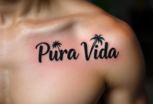 Bold serif “Pura Vida” in dark brown ink with palm tree silhouettes in deep green and sandy beige. tattoo idea