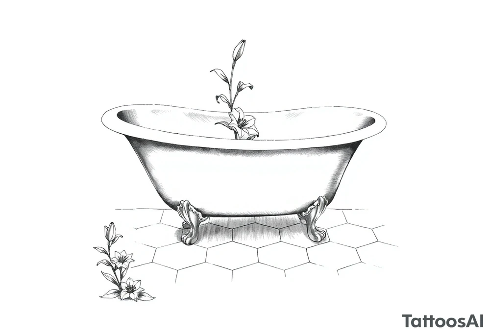 Clawfoot bathtub with lily coming up from tile floor tattoo idea