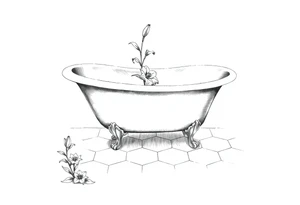 Clawfoot bathtub with lily coming up from tile floor tattoo idea