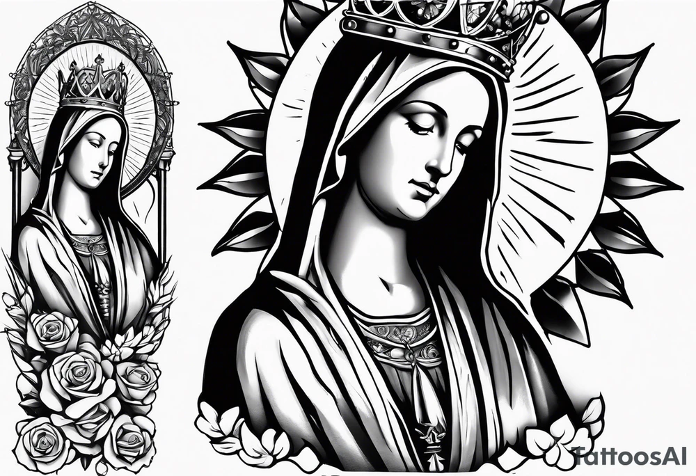 sleeve of virgin mary statue, rosary, 3 candles, and a crown of thorns tattoo idea
