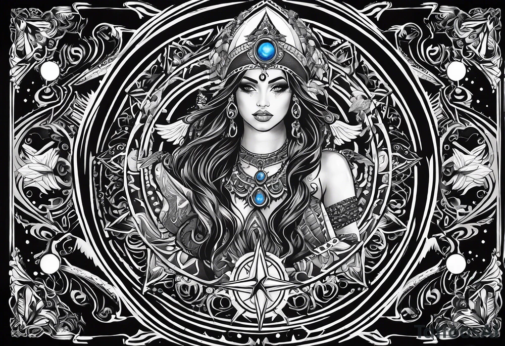 black kali, goddess pirate, alien, angel, pachamama, valkrye, warrior, flying, skull, lotus azul, wing, eagle, zenza resonance, stars, 5D, anahata chakra tattoo idea