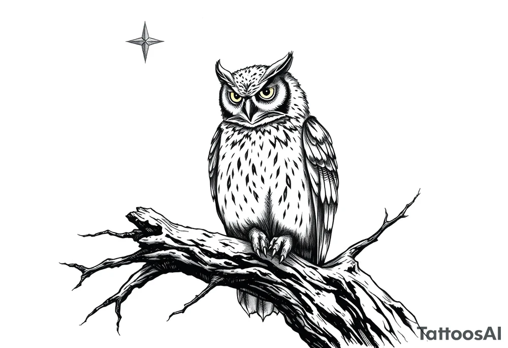 wise owl perched on ancient oak branch under starlit sky tattoo idea