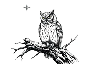wise owl perched on ancient oak branch under starlit sky tattoo idea