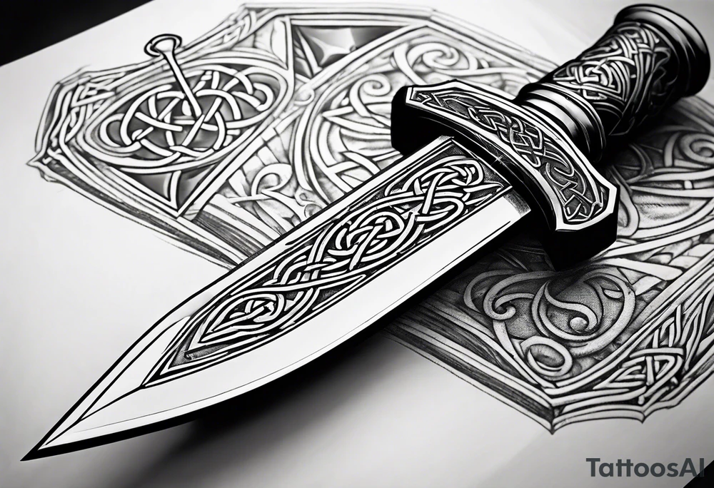 A Celtic athame dagger with the hilt turned upward and an emerald gemstone on the hilt not on the blade tattoo idea