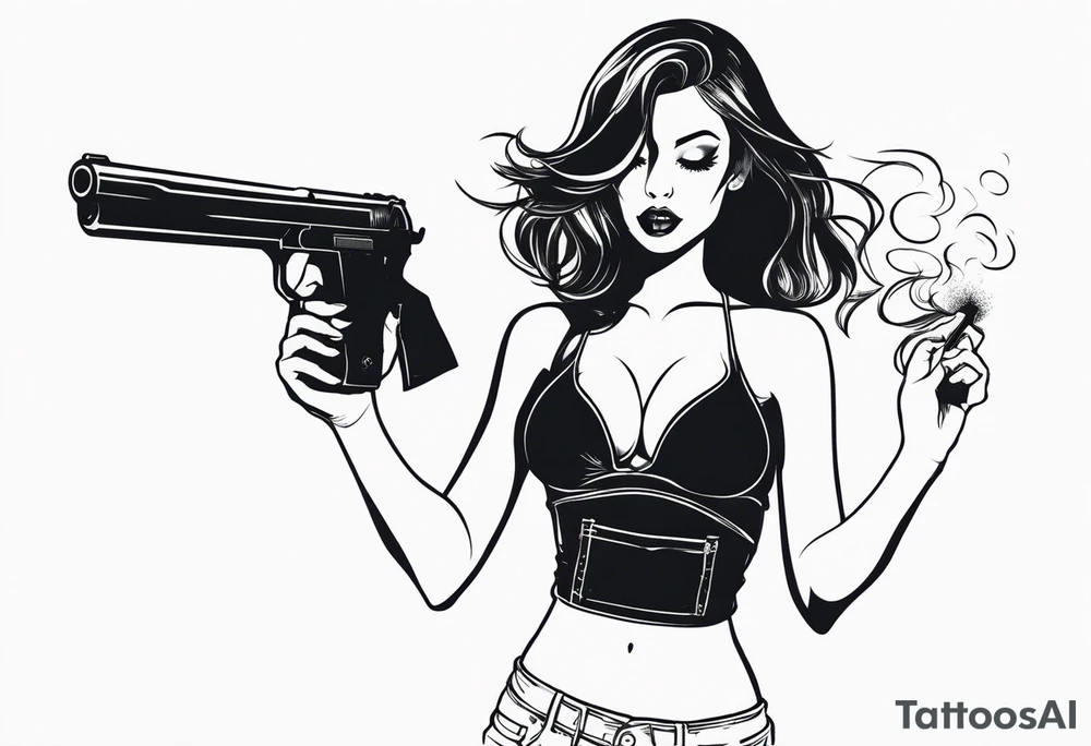 sexy girl holding gun in bra and mini shorts blowing smoke tattoo idea