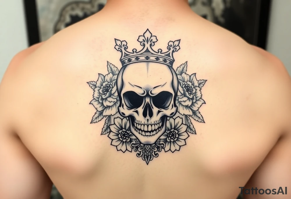 Bold elegant skull with crown surrounded by flowers with lace underneath tattoo idea