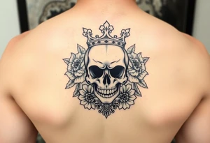 Bold elegant skull with crown surrounded by flowers with lace underneath tattoo idea