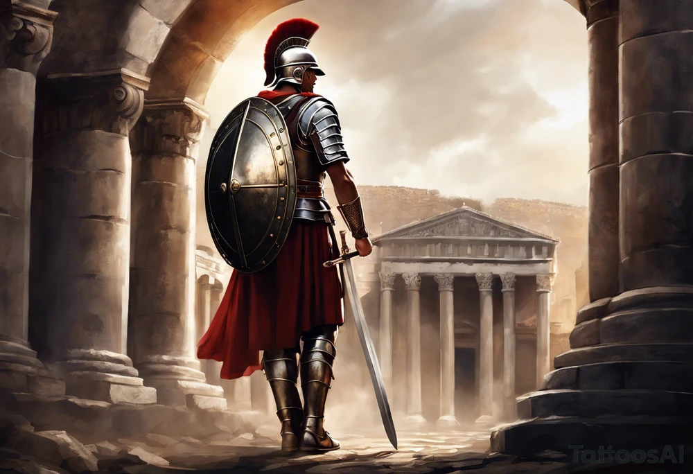 a sketch of a high ranking roman soldier from AD 60, wearing armour which must include an armoured belt, breastplate, armoured shoes, shield, helmet and sword.
the soldier must look strong. the soldier is faceless. The image must include the full person, not just the top half. The soldier is mid-battle, fending off flaming arrows with his shield tattoo idea