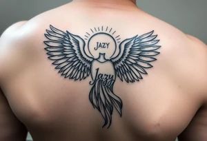 upper arm tattoo - Remembrance angel of a deceased best friend with the name Jazy incorporated tattoo idea