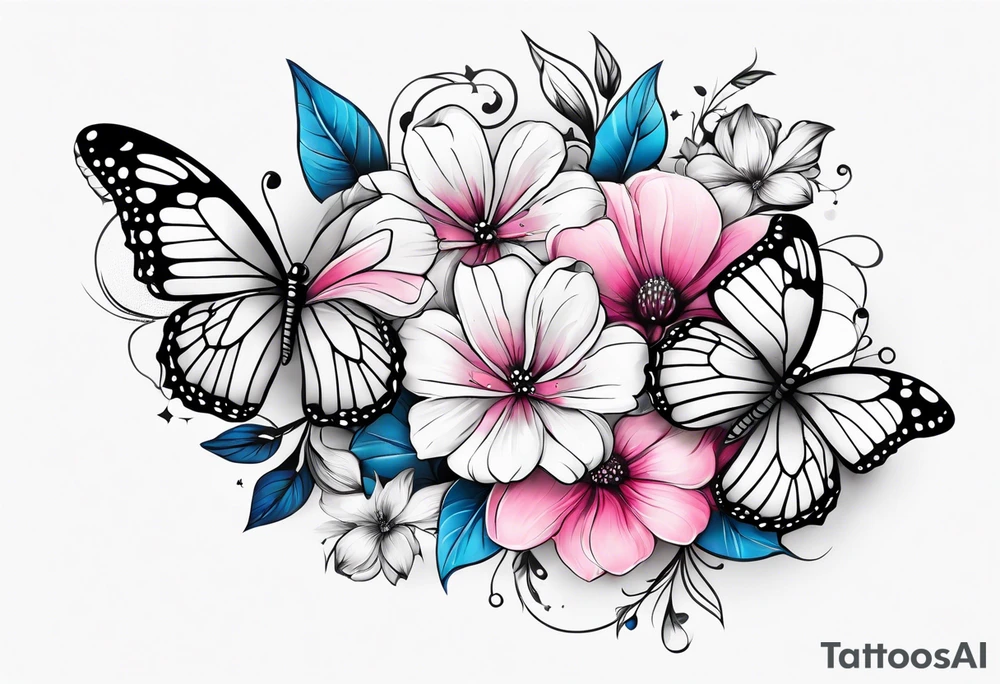 Female arm sleeve with pink, white, and blue flowers and butterflies tattoo idea