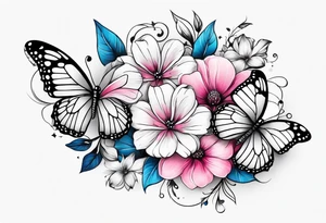 Female arm sleeve with pink, white, and blue flowers and butterflies tattoo idea