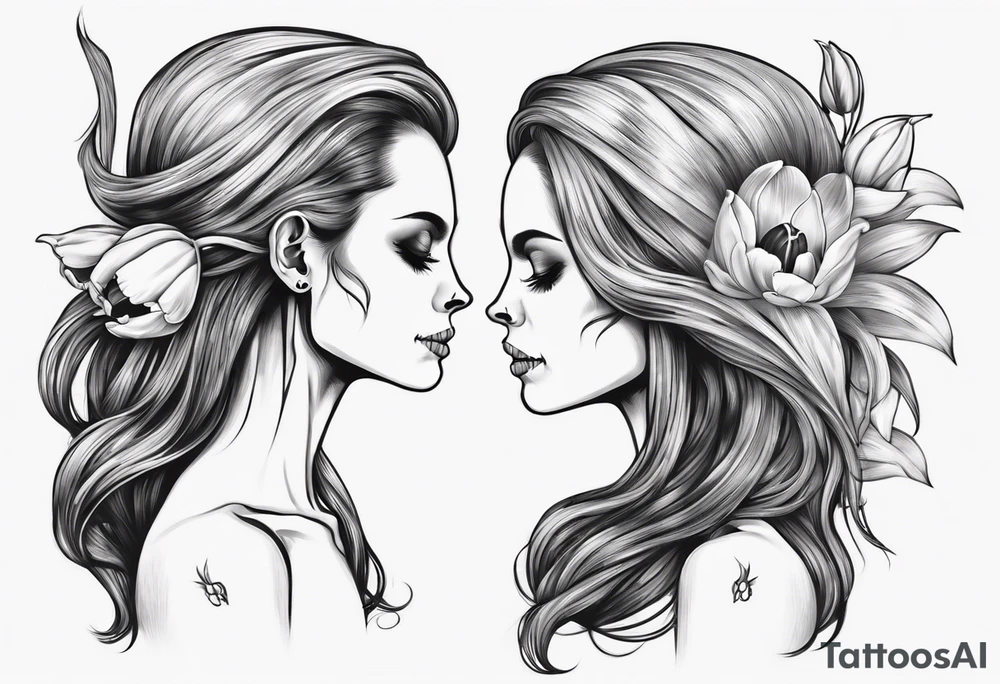 sideview of female skull with long hair and tulip bud in hair tattoo idea