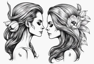 sideview of female skull with long hair and tulip bud in hair tattoo idea