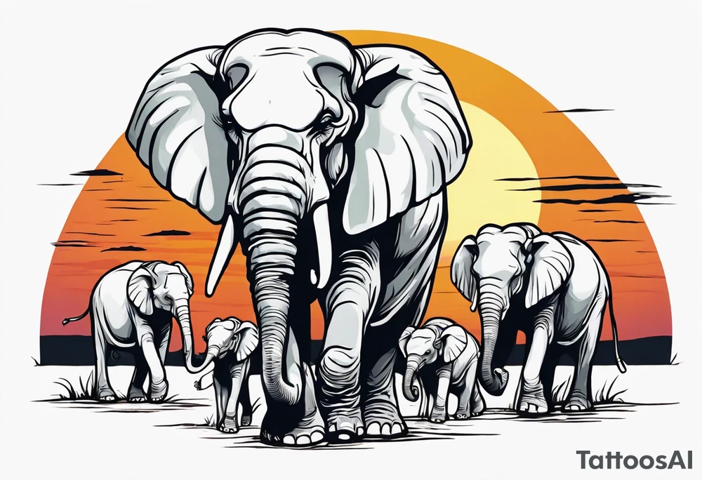 family of 6 elephants walking into sunset after one of them has died tattoo idea