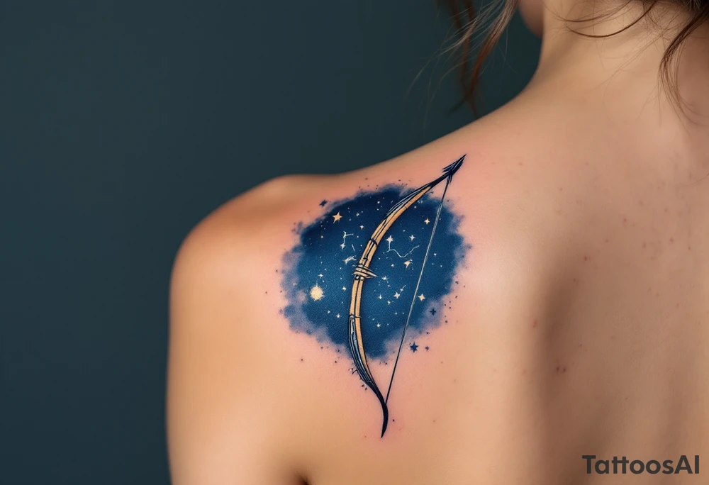 A Sagittarius bow and arrow with the constellation embedded surrounded by midnight blue. tattoo idea